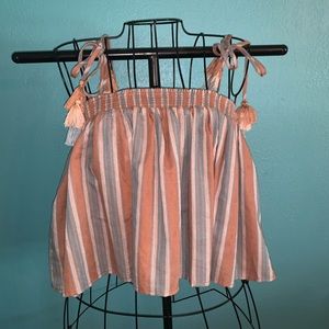 Brown and Blue striped flowy cropped tank with tie straps and tassels!